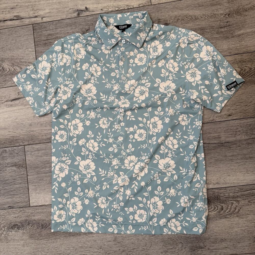 Clique Golf Polo Shirt Mens Short Sleeve Size XL Friday Flowers Teal Blue Preppy